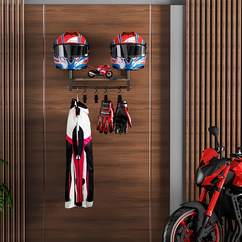 Wooden Wall-Mounted Motorcycle Helmet & Gear Display Rack with Hooks