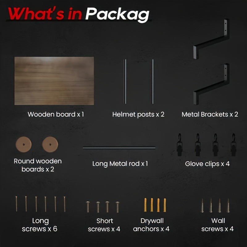 Wooden Wall-Mounted Motorcycle Helmet & Gear Display Rack with Hooks